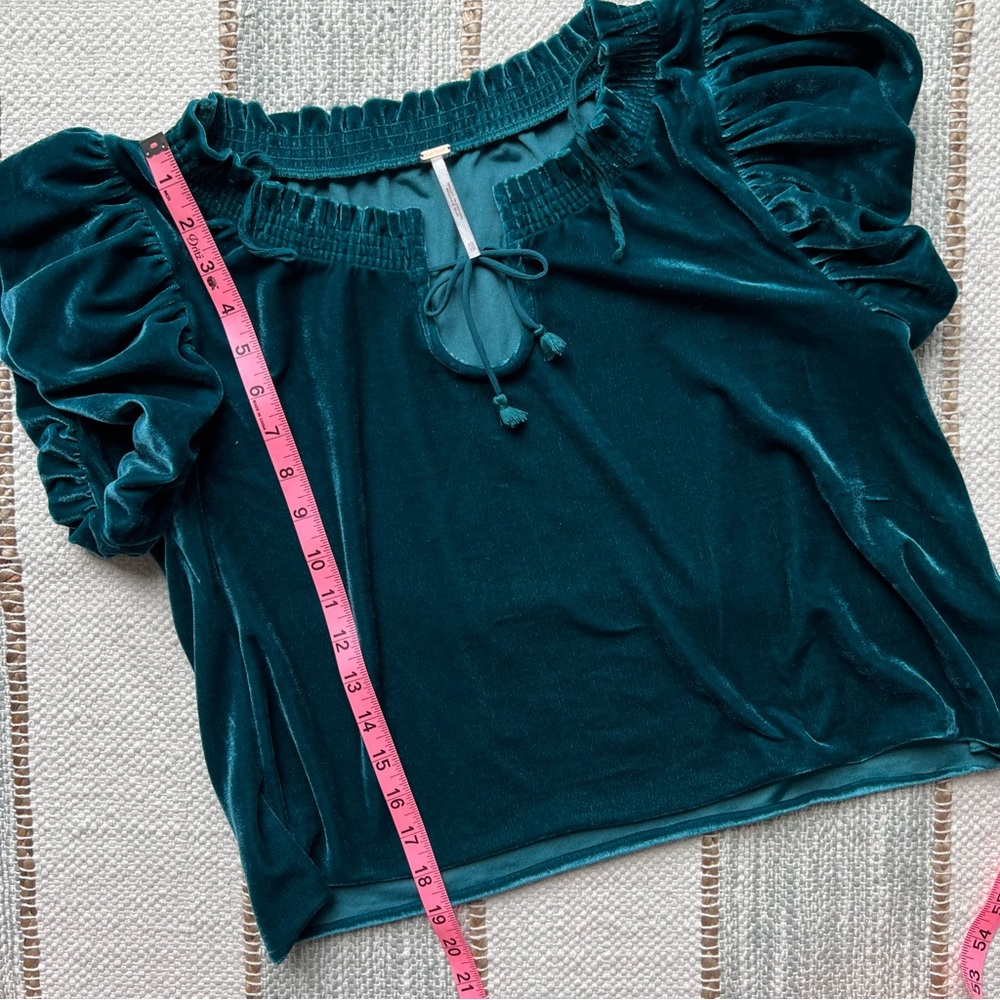 Free People Turquoise Velvet Short Puff Sleeve Pullover Top Women’s Size XS - Picture 5 of 8